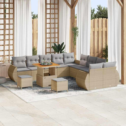 GFMGUEMV 13-teilig Poly-Rattan Lounge Set Beige mit Akazienholz-Tisch