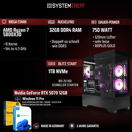 SYSTEMTREFF High-End Gaming PC AMD Ryzen 7 5800X3D 8x4.5GHz RTX 5070 12GB 32GB DDR4 1TB M.2 NVMe Windows 11 Pro