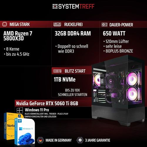 SYSTEMTREFF Gaming PC AMD Ryzen 7 5800X3D 8x4.5GHz Nvidia RTX 5060 Ti 8GB 1TB M.2 NVMe 32GB DDR4 RAM Windows 11 Pro WLAN