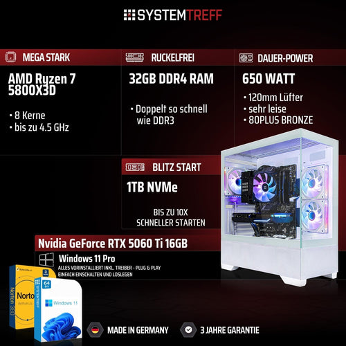 Systemtreff Gaming PC Weiss AMD Ryzen 7 5800X3D 8x4.5GHz Nvidia RTX 5060 Ti 16GB 32GB DDR4 RAM 1TB M.2 NVMe Windows 11 Pro