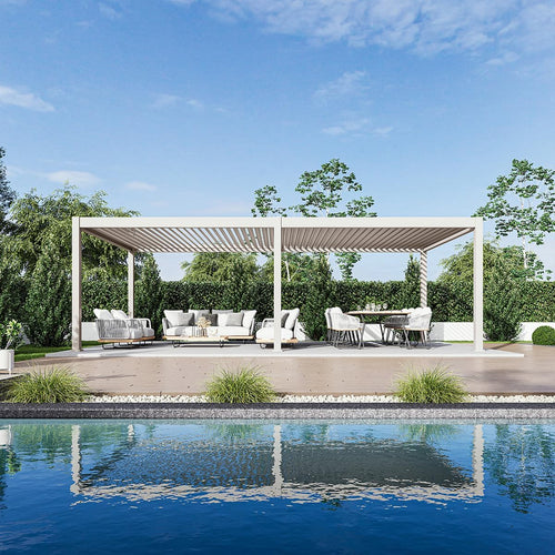 Weide E-Deluxe Plus Elektrische Pergola 4x8m Aluminium Lamellendach Ivory Sand