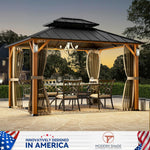 Modern Shade Horizon Hardtop-Pavillon 3 x 3,6m mit 4 LED-Leuchten Doppeldach Verzinkter Stahl Holzoptik