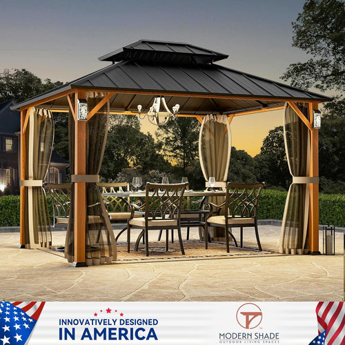 Modern Shade Horizon Hardtop-Pavillon 3 x 3,6m mit 4 LED-Leuchten Doppeldach Verzinkter Stahl Holzoptik