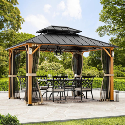 Modern Shade Horizon Hardtop-Pavillon 3 x 3,6m mit 4 LED-Leuchten Doppeldach Verzinkter Stahl Holzoptik