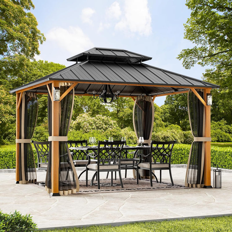 Modern Shade Horizon Hardtop-Pavillon 3 x 3,6m mit 4 LED-Leuchten Doppeldach Verzinkter Stahl Holzoptik