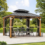 Modern Shade Horizon Hardtop-Pavillon 3 x 3,6m mit 4 LED-Leuchten Doppeldach Verzinkter Stahl Holzoptik